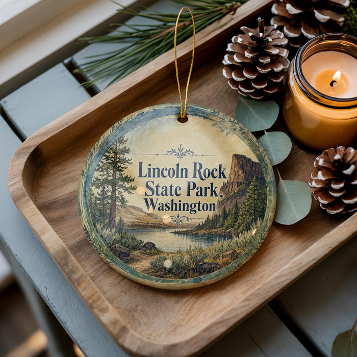 A decorative ornament featuring a scenic landscape of Lincoln Rock State Park in Washington, with pine cones and a lit candle on a wooden tray.