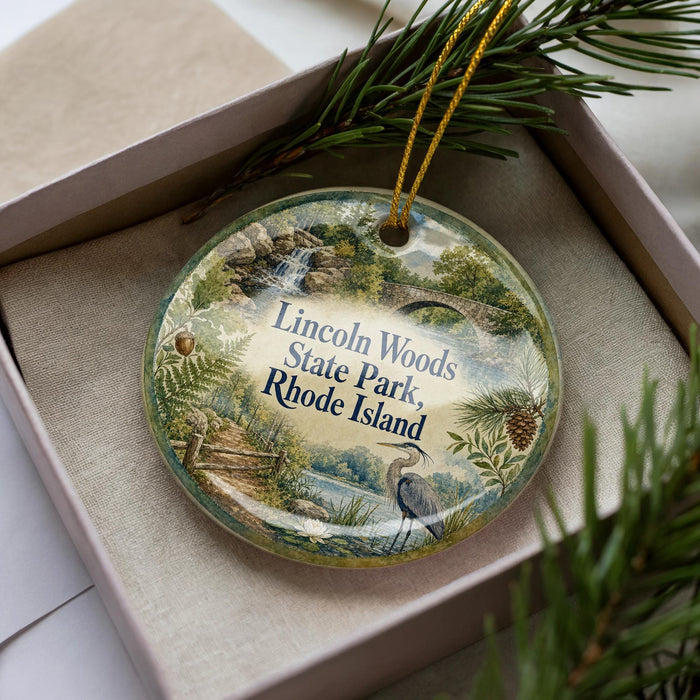 A decorative ornament in a box, featuring a scenic landscape with a bird, pine trees, and a waterfall.