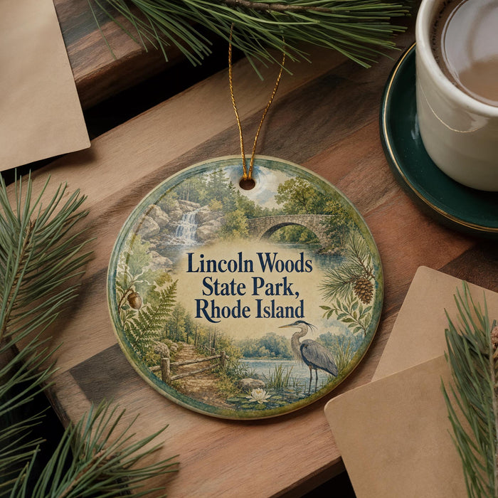 A decorative ornament featuring a scenic landscape of Lincolns Woods State Park, Rhode Island, with a bird and a waterfall. The ornament is placed on a wooden surface, surrounded by pine branches and a cup of coffee.