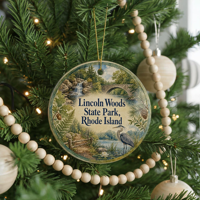 A round ornament hanging on a Christmas tree, featuring a scenic landscape with a waterfall, bridge, and birds.
