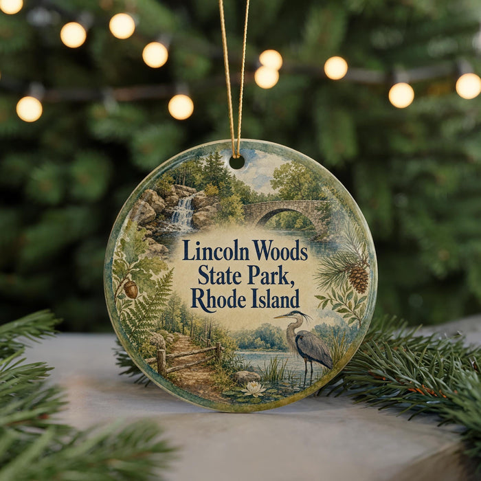 A round ornament with a scenic landscape of a forest, a waterfall, and a bridge, featuring the text "Lincoln Woods State Park, Rhode Island".