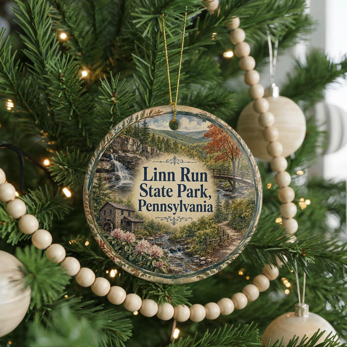 A round ornament hanging on a Christmas tree, featuring a scenic landscape with a waterfall and a bridge.