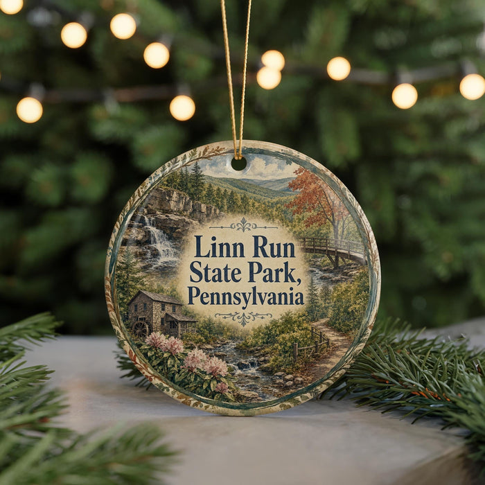 A round ornament with a scenic image of Linn Run State Park, Pennsylvania, featuring a waterfall, a bridge, and a forest.
