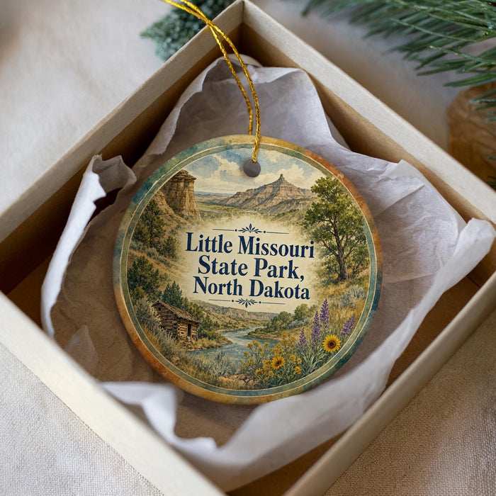 A decorative ornament in a box, featuring a scenic landscape with mountains, a river, and a cabin.