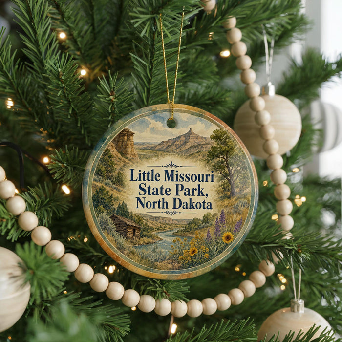 A round ornament hanging on a Christmas tree, featuring a scenic landscape of Little Missouri State Park, North Dakota.