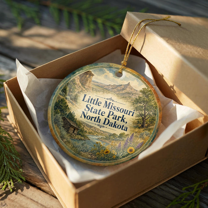 A decorative ornament in a wooden box, featuring a scenic landscape with mountains, trees, and a river.