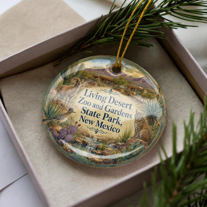 A decorative ornament with a desert landscape and wildlife scene, featuring a bird, a cat, and cacti, is displayed in a box with pine branches.