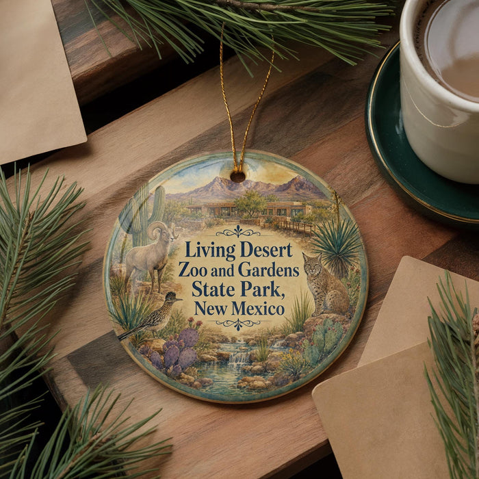 A decorative ornament featuring a desert landscape with a cactus, a bird, and a cat, along with the text "Living Desert Zoo and Gardens State Park, New Mexico".