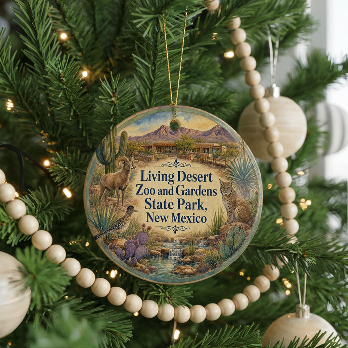 A circular ornament hanging on a Christmas tree, featuring an illustration of a desert landscape with a building and various desert animals.