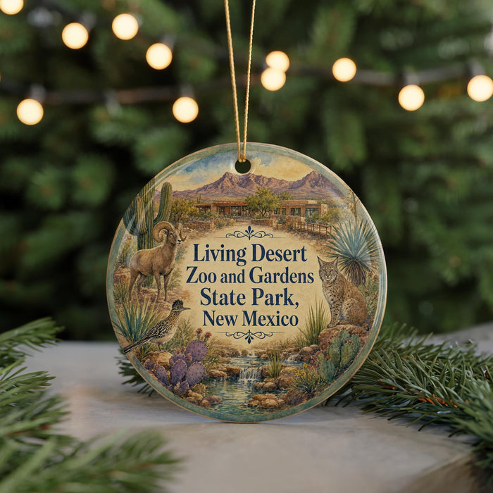 A decorative ornament featuring a desert landscape with a cactus, a bird, and a cat, along with the text "Living Desert Zoo and Gardens State Park, New Mexico".