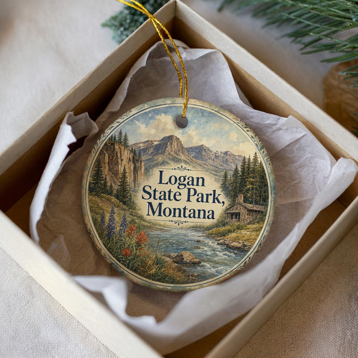 A decorative ornament in a box, featuring a scenic landscape with mountains, a river, and pine trees.