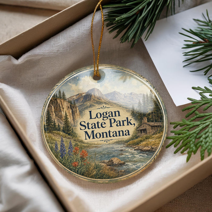 A round ornament with a scenic landscape of mountains, pine trees, and a river, hanging from a string.