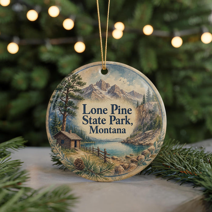 A round ornament with a painting of a cabin and mountains, surrounded by pine branches and a string of lights, representing the Lone Pine State Park in Montana.