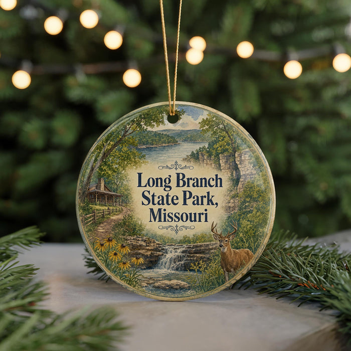 A decorative ornament featuring a scenic landscape with a deer, a waterfall, and a cabin, hanging in front of a Christmas tree with lights.