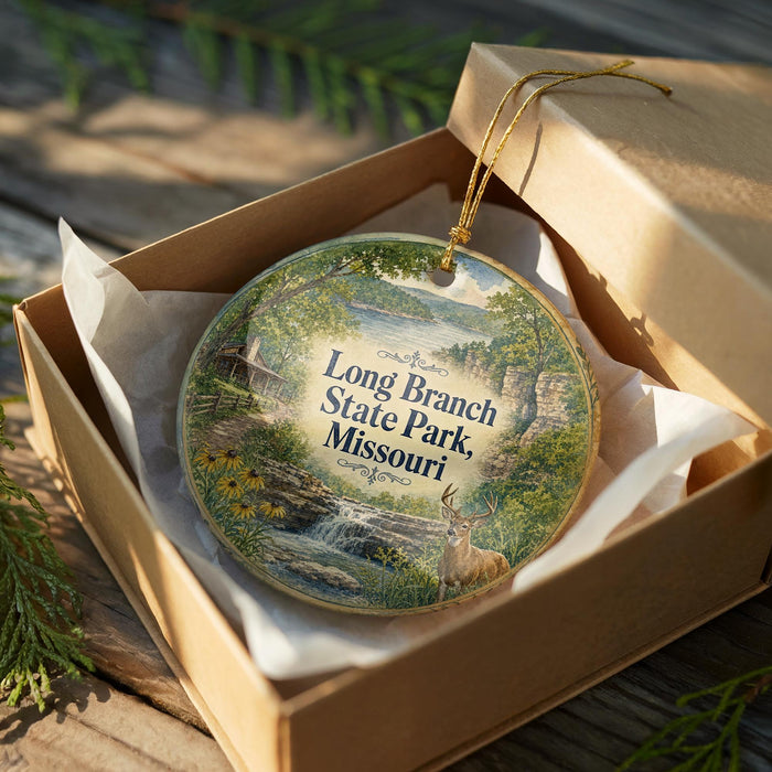 A decorative ornament in a box, featuring a scenic landscape with a deer and a waterfall.