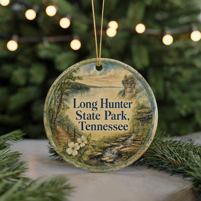 A round ornament with a scenic landscape of Long Hunter State Park, Tennessee, featuring a lake, mountains, and greenery.