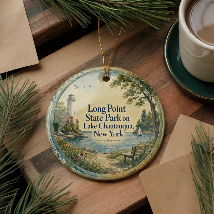 A decorative ornament featuring a lighthouse and a scenic lake, with the text "Long Point State Park on Lake Chautauqua New York" displayed on it.