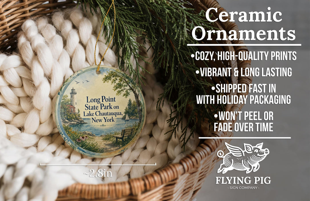 Ceramic ornaments, featuring a lighthouse and a bench, are displayed in a basket.