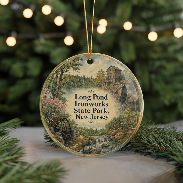 A round ornament with a scenic landscape featuring a pond, ironworks, and a building, surrounded by greenery and twinkling lights.