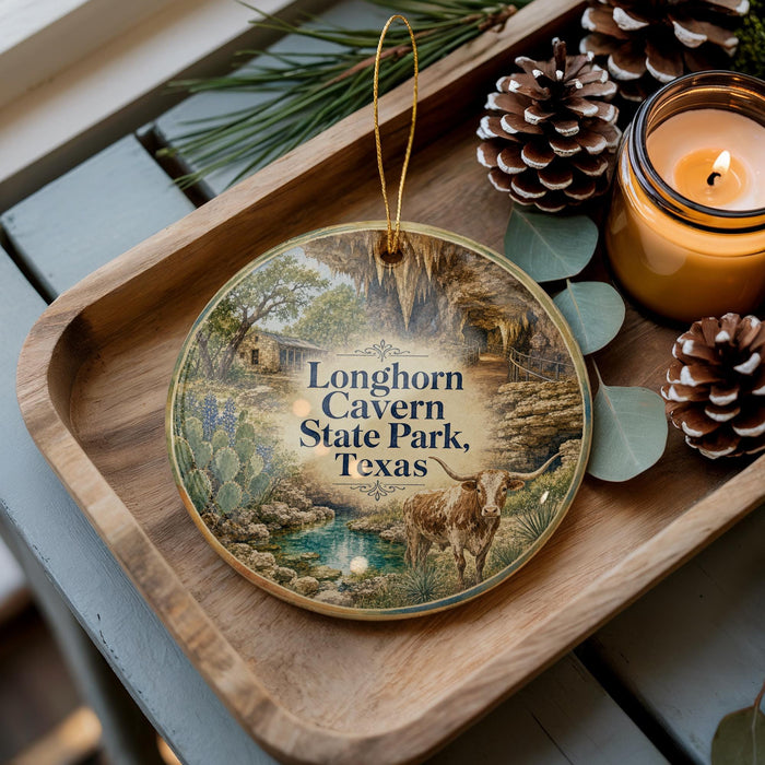 A decorative ornament featuring a scenic image of Longhorn Canyon State Park, Texas, with a candle and pine cones on a wooden tray.