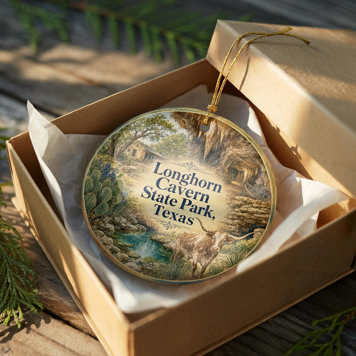 A circular ornament with a landscape scene inside, placed in a cardboard box with tissue paper.
