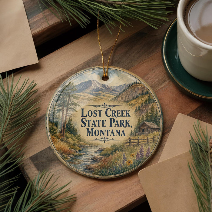 A round ornament with a scenic landscape of mountains, trees, and a stream, featuring the text "Lost Creek State Park, Montana".