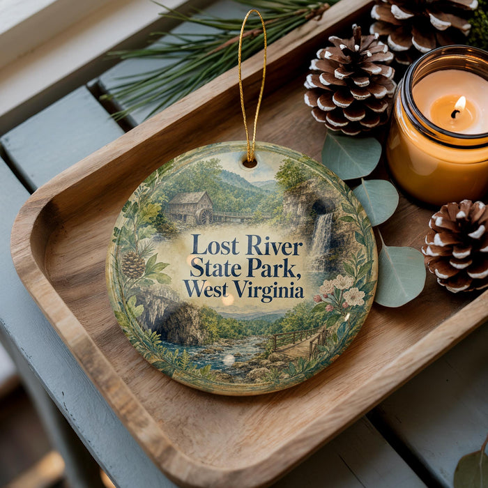 A decorative ornament with a scenic image of Lost River State Park, West Virginia, is displayed on a wooden tray alongside pine cones and a lit candle.