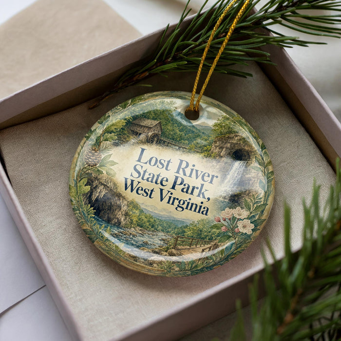 A decorative ornament in a box, featuring a scenic landscape with a river, mountains, and greenery.