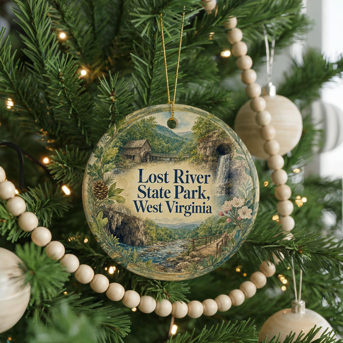 A round ornament hanging on a Christmas tree, featuring an illustration of Lost River State Park in West Virginia.