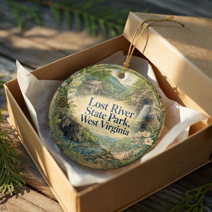 An ornament in a box, featuring a scenic image of Lost River State Park in West Virginia.