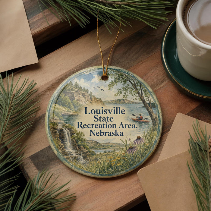 A decorative ornament featuring a scenic landscape of the Louisville State Recreation Area in Nebraska, with a waterfall and a person kayaking in the background.