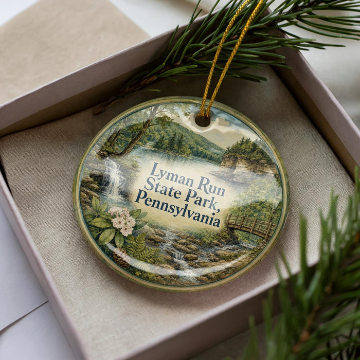 A decorative ornament with a scenic landscape of trees, water, and a bridge, featuring the text "Lymman Run State Park, Pennsylvania".
