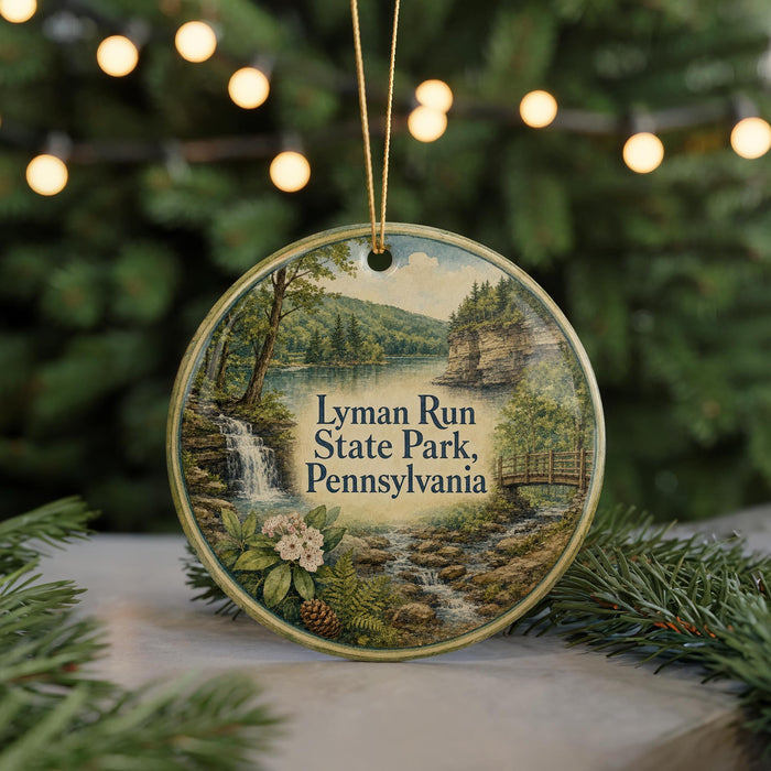A circular ornament featuring a scenic landscape with a waterfall, pine trees, and a bridge, hanging in front of a blurred background with Christmas lights.