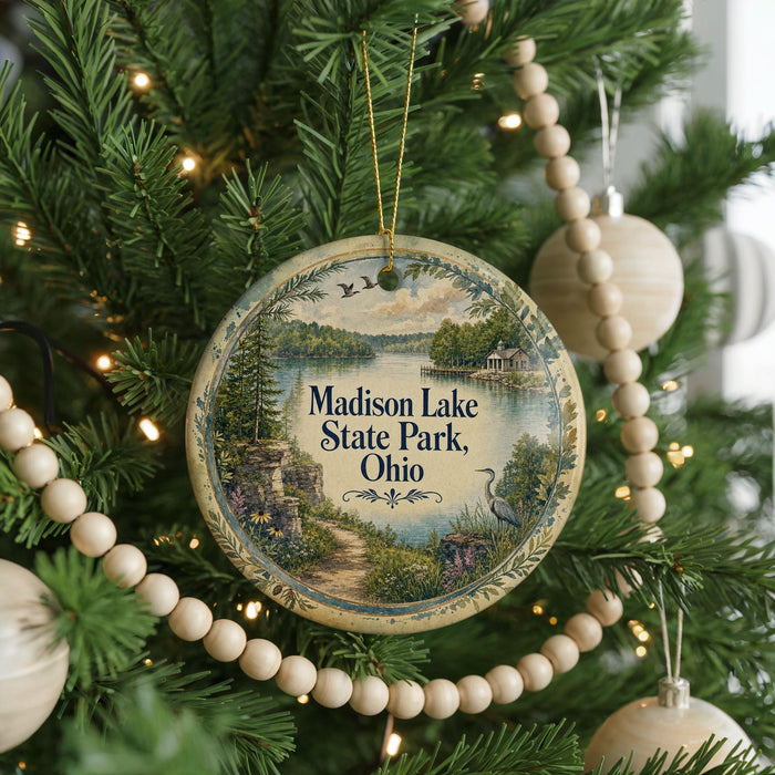 A round ornament hanging on a Christmas tree, featuring a scenic image of Madison Lake State Park, Ohio.