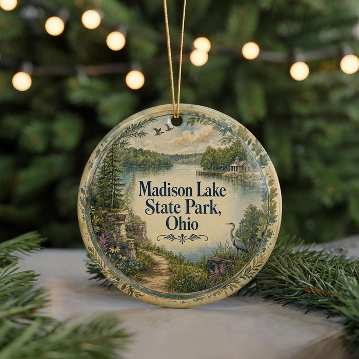 A decorative ornament with a scenic image of Madison Lake State Park, Ohio, featuring a path, trees, and a bird, hanging in front of a blurred background with twinkling lights.