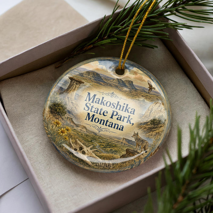 A decorative ornament in a box, featuring a scenic landscape with mountains, trees, and wildlife.