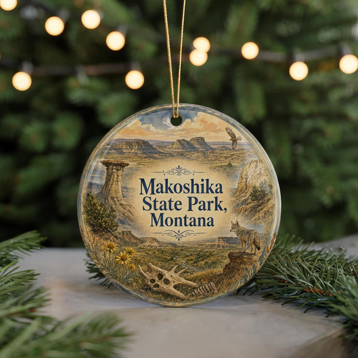 A circular ornament featuring a scenic landscape of mountains, with the text "Makoshika State Park, Montana" prominently displayed.