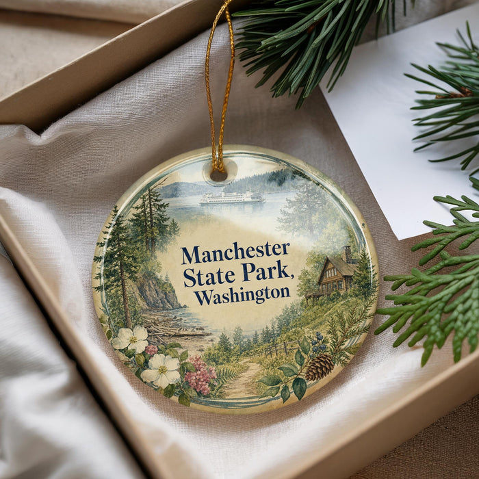 A decorative ornament with a scenic landscape of Manchester State Park, Washington, featuring a boat on the water, pine trees, and a cabin in the background.