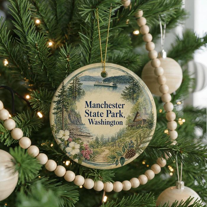 A round ornament hanging on a Christmas tree, featuring a scenic image of Manchester State Park in Washington.