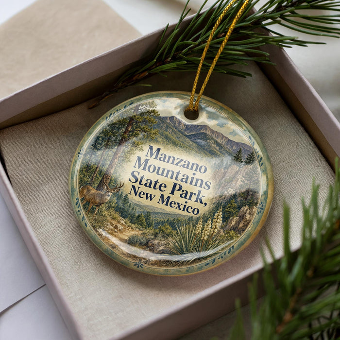 A decorative ornament in a box, featuring a scenic landscape with mountains, trees, and a deer.
