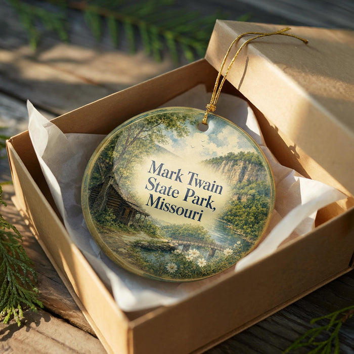 A circular ornament in a box, featuring a scenic landscape with a cabin and trees, with the text "Mark Twain State Park, Missouri" printed on it.
