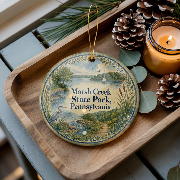 A decorative ornament with a scenic image of Marsh Creek State Park, Pennsylvania, is displayed on a wooden tray alongside pine cones and a lit candle.