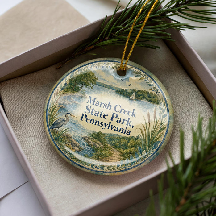 A decorative ornament in a box, featuring a scenic landscape with a lake, trees, and birds, along with the text "Marsh Creek State Park, Pennsylvania".
