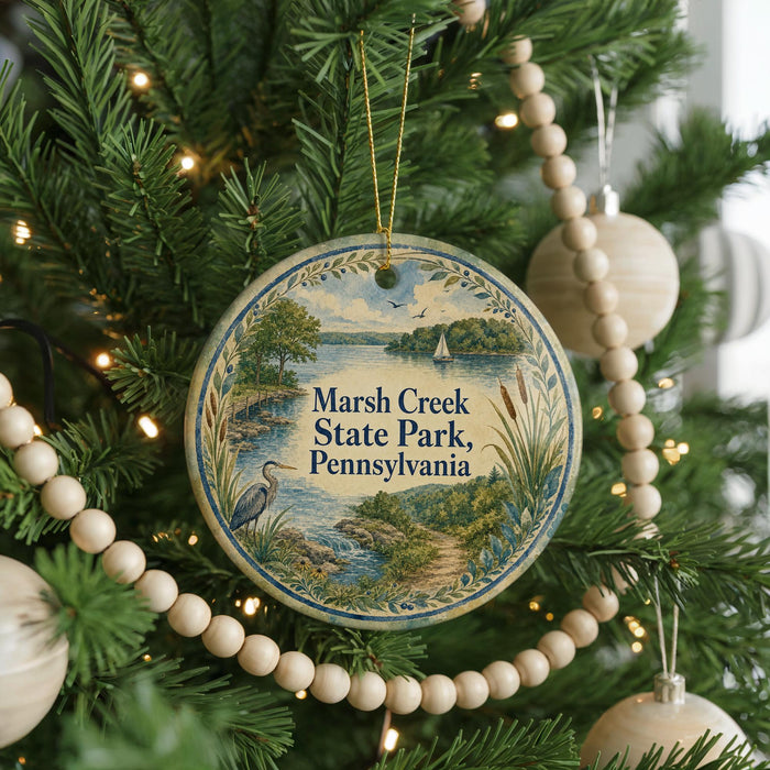 A round ornament hanging on a Christmas tree, featuring a scenic image of marsh creek and Pennsylvania State Park.