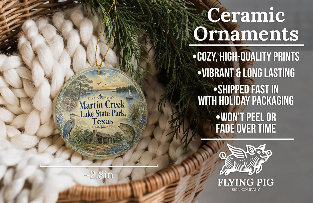 Ceramic ornaments, featuring a round ornament with a scenic image of Martin Creek Lake State Park, Texas, hanging from a wicker basket.