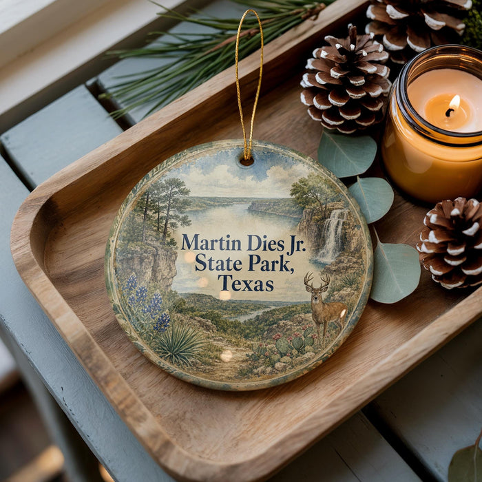A wooden tray with a decorative ornament featuring a scenic landscape of Martin Dies Jr. State Park, Texas, and a candle on a table.