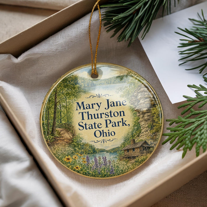 A decorative ornament with a scenic image of Mary Jane Thurston State Park, Ohio, hanging from a string.