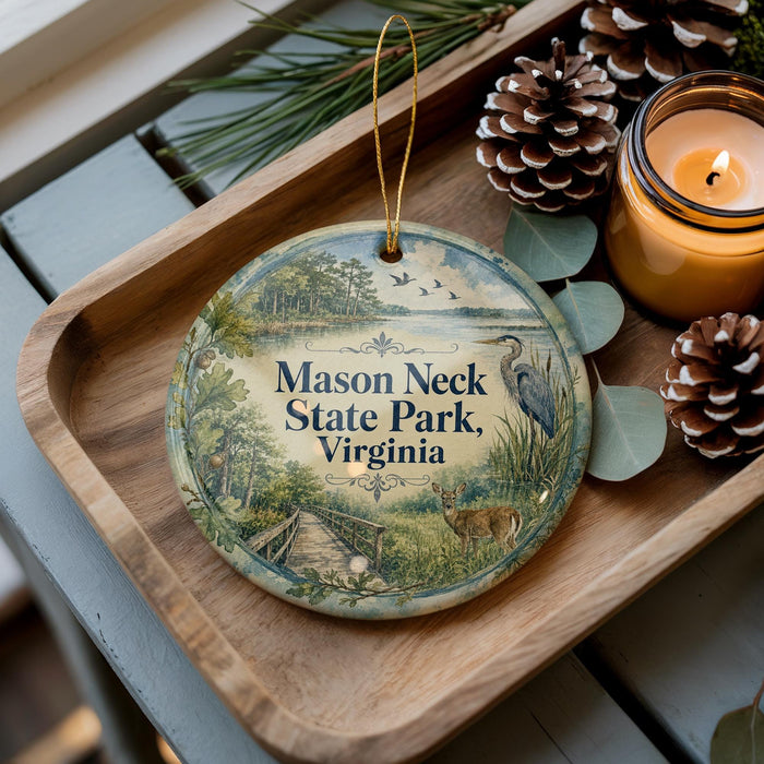 A decorative ornament with the text "Mason Neck State Park, Virginia" on it, surrounded by pine cones and a lit candle on a wooden tray.