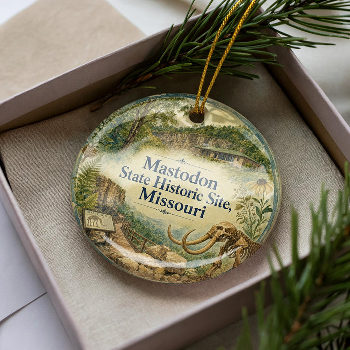 A decorative ornament with a picture of a historic site, specifically Mastodon State Historic Site, Missouri, displayed on a white surface.