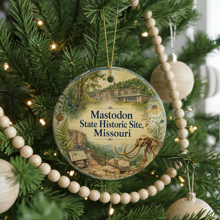 A round ornament hanging on a Christmas tree, featuring an illustration of a historic site and the text "Mastodon State Historic Site, Missouri".